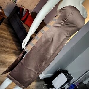 Secret WONDERLAND - Brown gold Strapless sexy silk cocktail Midi Dress